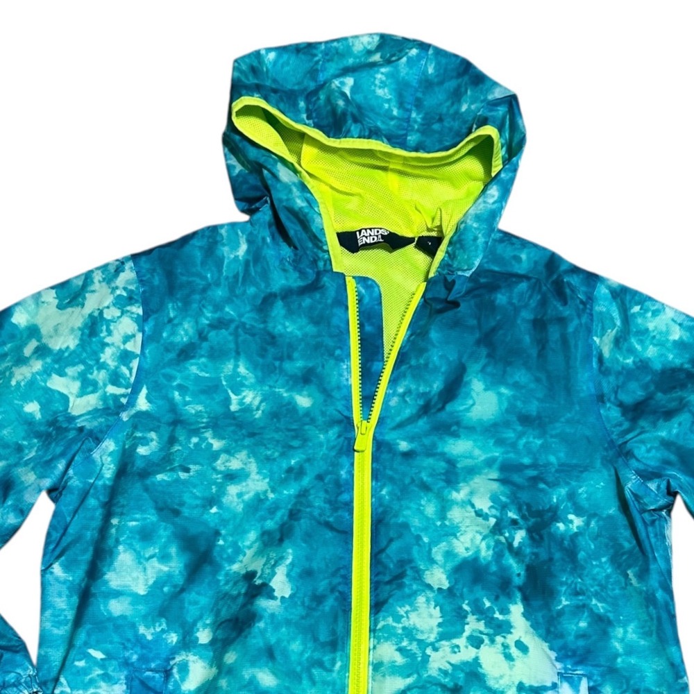 Lands End Windbreaker Kids XL 14/16 Blue Green Excellent Tie Dye Hooded Jacket - Picture 5 of 8